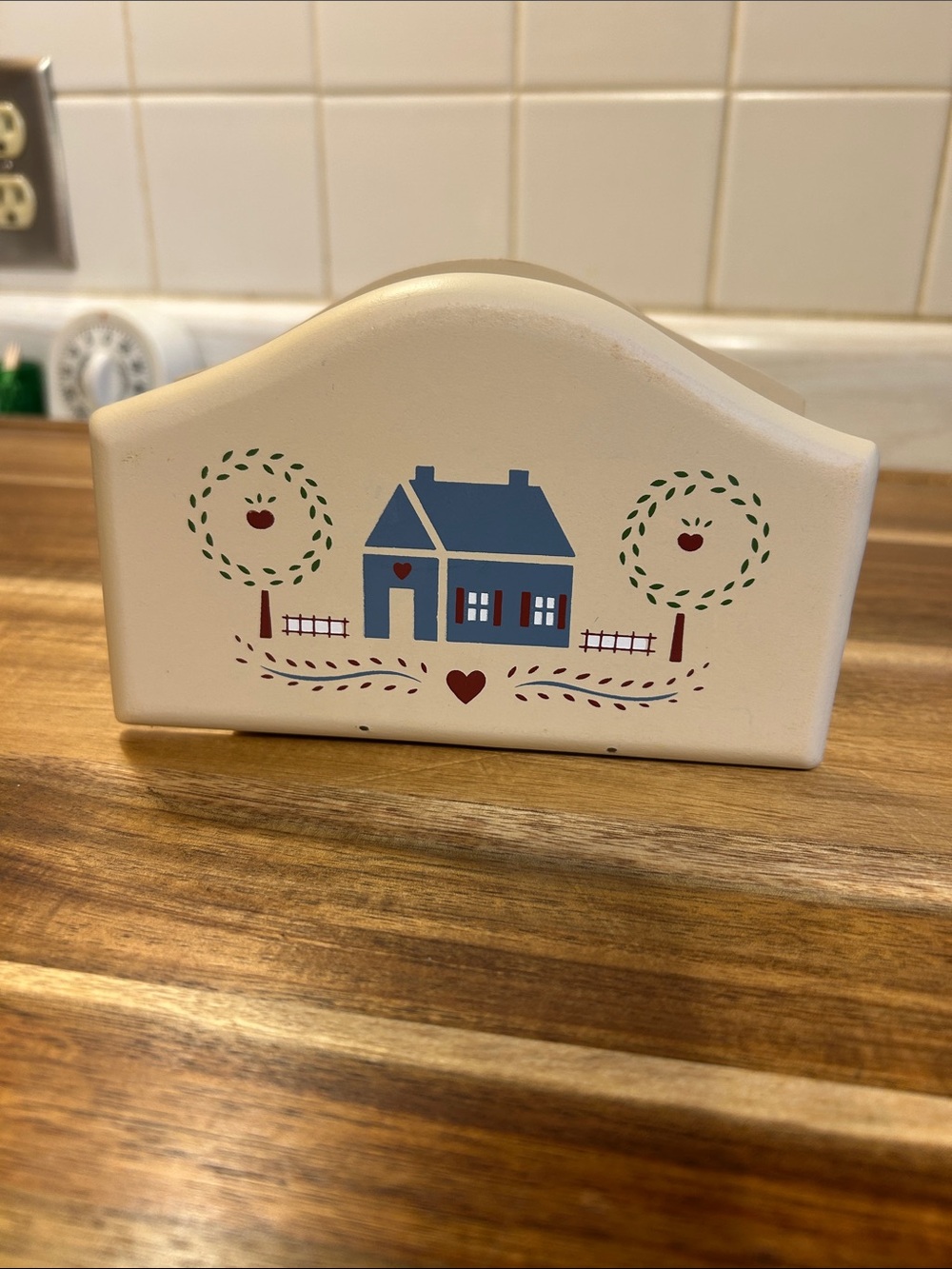 Cream Wooden Napkin Holder with Blue House Folk Art/Cottagecore
